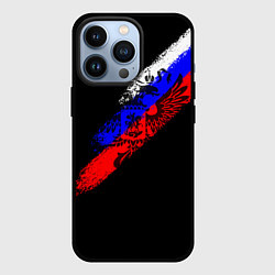 Чехол для iPhone 13 Pro Герб на фоне цветов флага на чёрном фоне, цвет: 3D-черный