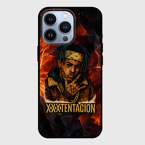 Чехол iPhone 13 Pro XXXTentacion на фоне огня / 3D-Черный – фото 1