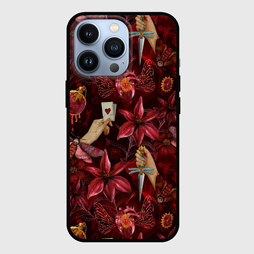 Чехол iPhone 13 Pro Бордовая готика с сердцем, лилиями и мотыльками / 3D-Черный – фото 1