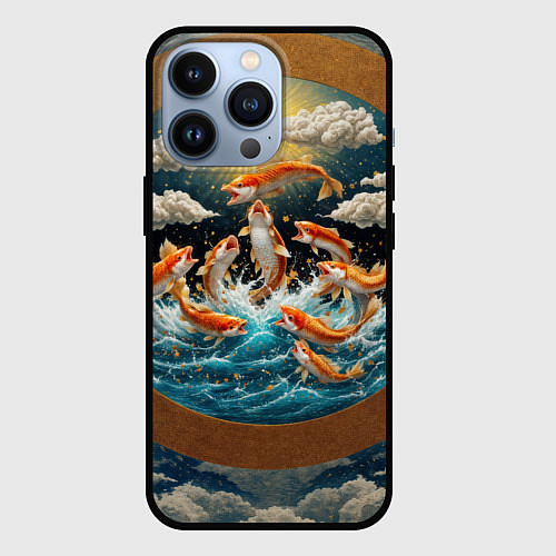 Чехол iPhone 13 Pro Большие золотистые рыбы выпрыгивают из воды / 3D-Черный – фото 1