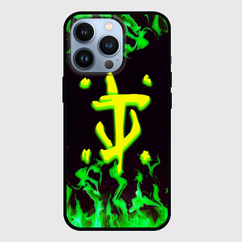 Чехол iPhone 13 Pro Doom зелёный огонь / 3D-Черный – фото 1