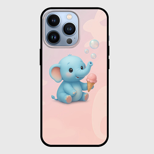 Чехол iPhone 13 Pro Маленький слоненок с мороженым пускает пузыри / 3D-Черный – фото 1
