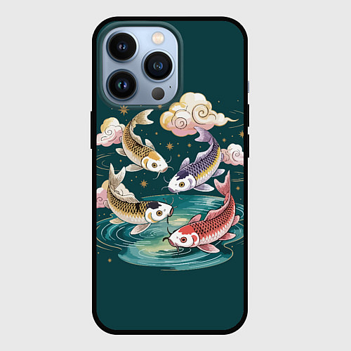Чехол iPhone 13 Pro Рыбы в облаках над прудом / 3D-Черный – фото 1