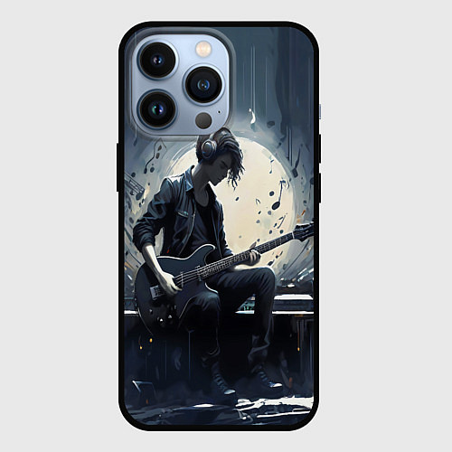Чехол iPhone 13 Pro Играющий на гитаре в свете Луны музыкант / 3D-Черный – фото 1