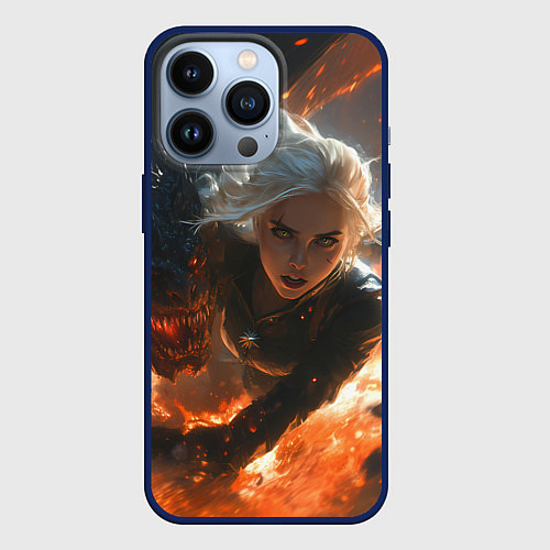 Чехол iPhone 13 Pro Цири и дракон в огне / 3D-Тёмно-синий – фото 1