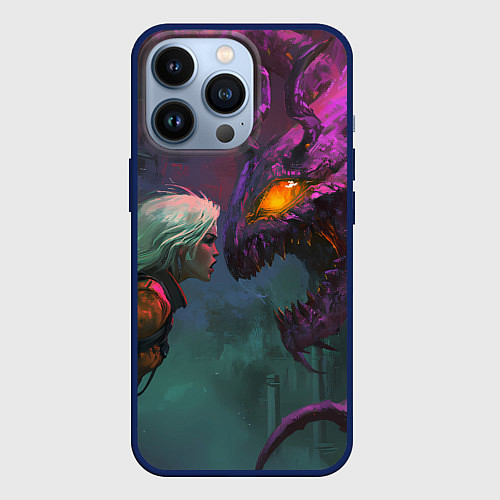 Чехол iPhone 13 Pro Цири и чудовище смотрят друг на друга / 3D-Тёмно-синий – фото 1