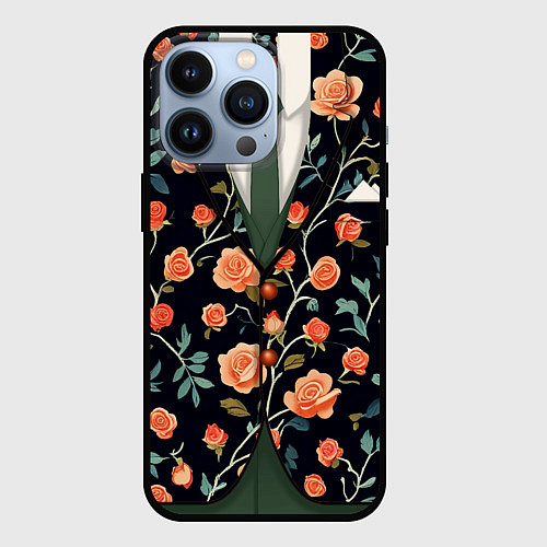 Чехол iPhone 13 Pro Чёрный пиджак с яркими розами / 3D-Черный – фото 1