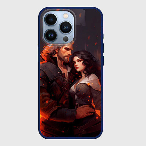 Чехол iPhone 13 Pro Йеннифэр и Ведьмак среди огня / 3D-Тёмно-синий – фото 1
