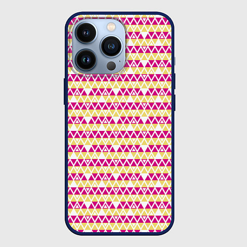 Чехол iPhone 13 Pro Желтые и розовые треугольники / 3D-Тёмно-синий – фото 1