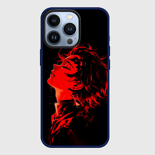 Чехол iPhone 13 Pro Клинок, рассекающий демонов Танджиро и иероглифы / 3D-Тёмно-синий – фото 1