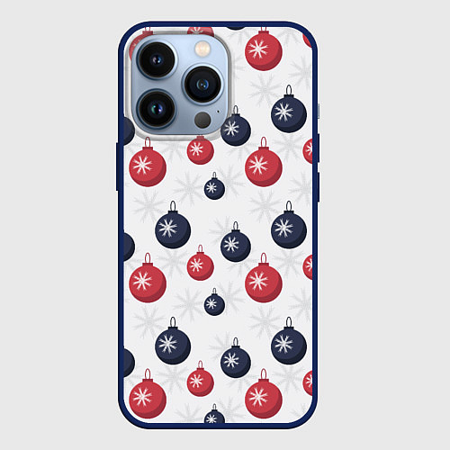 Чехол iPhone 13 Pro Синие и красные новогодние шары со снежинками / 3D-Тёмно-синий – фото 1
