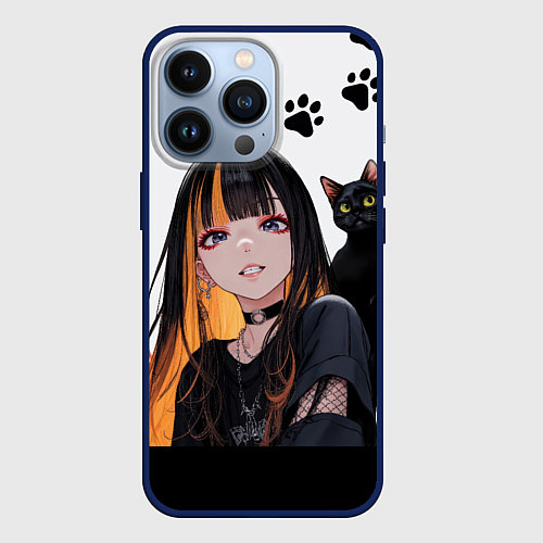 Чехол iPhone 13 Pro Девушка и кот / 3D-Тёмно-синий – фото 1