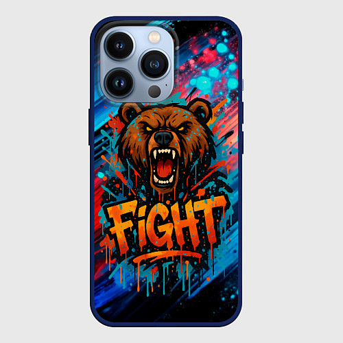 Чехол iPhone 13 Pro Fight - медведь в краске / 3D-Тёмно-синий – фото 1
