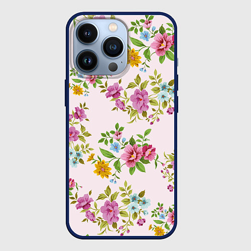 Чехол iPhone 13 Pro Розовый букеты / 3D-Тёмно-синий – фото 1