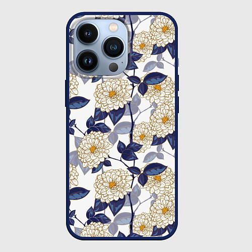 Чехол iPhone 13 Pro Цветы с синими листьями / 3D-Тёмно-синий – фото 1