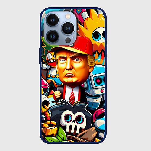 Чехол iPhone 13 Pro Дональд Трамп в компании мультяшных персонажей / 3D-Тёмно-синий – фото 1