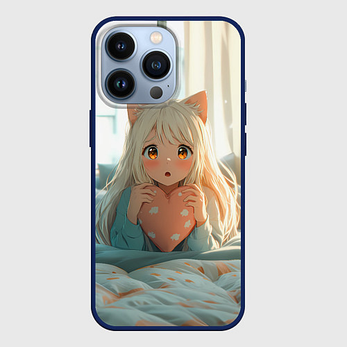 Чехол iPhone 13 Pro Аниме девушка в кровати с сердцем / 3D-Тёмно-синий – фото 1