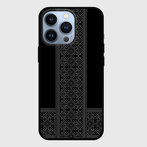 Чехол iPhone 13 Pro Серебряный узор на черном - вышиванка рубаха / 3D-Черный – фото 1