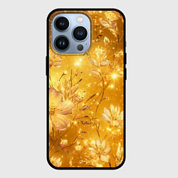 Чехол iPhone 13 Pro Цветочный золотой с искрами