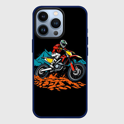 Чехол iPhone 13 Pro Motocross and mountains / 3D-Тёмно-синий – фото 1