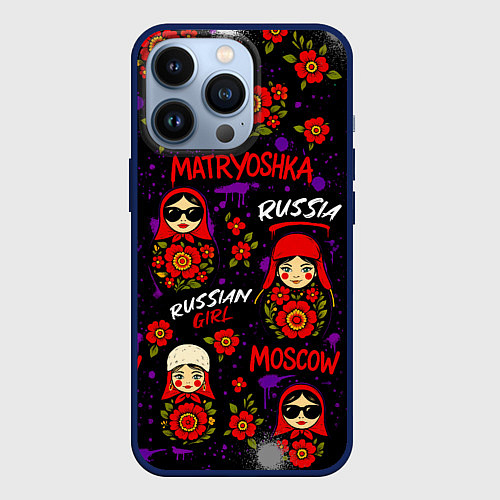 Чехол iPhone 13 Pro Паттерн с матрешками / 3D-Тёмно-синий – фото 1