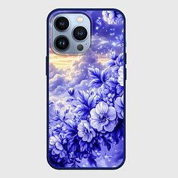 Чехол для iPhone 13 Pro Сине-сиреневый цветы на фоне облаков, цвет: 3D-тёмно-синий