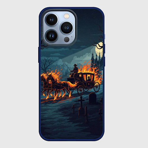 Чехол iPhone 13 Pro Призраки в горящей конной повозке / 3D-Тёмно-синий – фото 1
