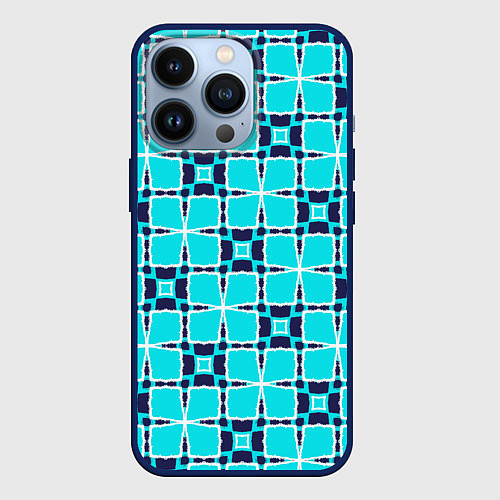 Чехол iPhone 13 Pro Абстрактная решетка на бирюзовом / 3D-Тёмно-синий – фото 1