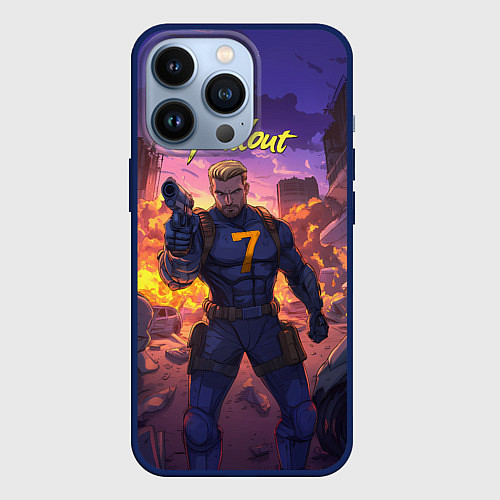 Чехол iPhone 13 Pro Fallout седьмой на фоне взрывов / 3D-Тёмно-синий – фото 1