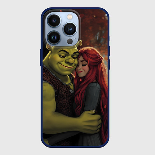 Чехол iPhone 13 Pro Шрек и принцесса Фиона / 3D-Тёмно-синий – фото 1