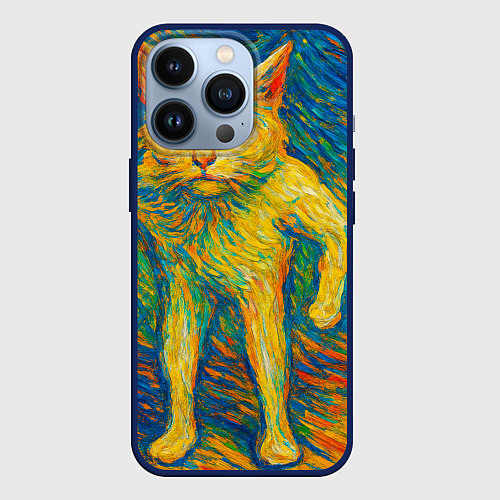 Чехол iPhone 13 Pro Борзый кот в стиле Ван Гога / 3D-Тёмно-синий – фото 1