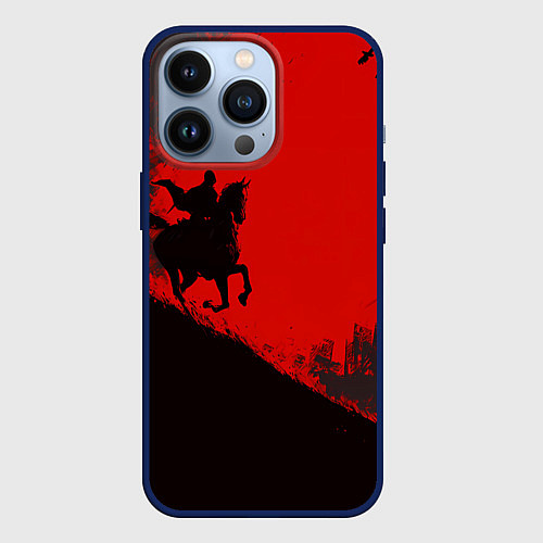 Чехол iPhone 13 Pro Лошадь скачет на красном фоне / 3D-Тёмно-синий – фото 1