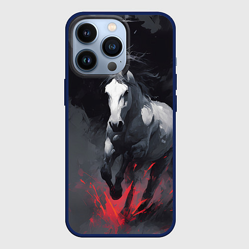 Чехол iPhone 13 Pro Белая лошадь на фоне мазков краски / 3D-Тёмно-синий – фото 1