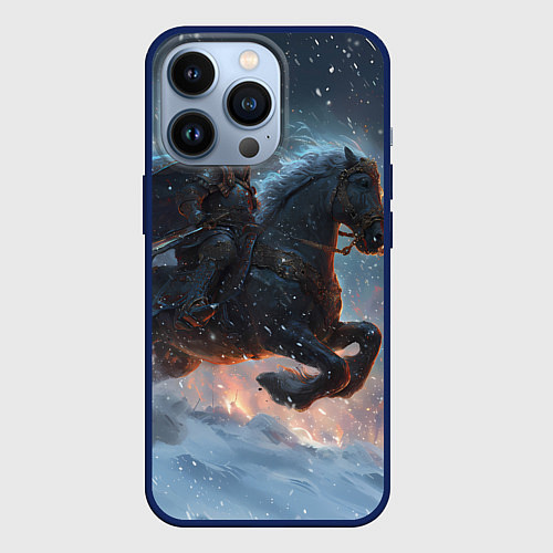 Чехол iPhone 13 Pro Всадник на лошади в снежную бурю / 3D-Тёмно-синий – фото 1