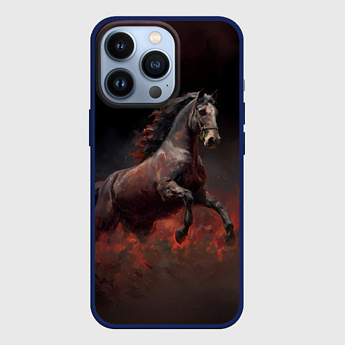 Чехол iPhone 13 Pro Лошадь выпрыгивает из тумана / 3D-Тёмно-синий – фото 1