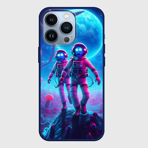 Чехол iPhone 13 Pro Астронавты Морти и Рик на планете розовых неоновых / 3D-Тёмно-синий – фото 1