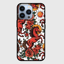 Чехол для iPhone 13 Pro Красный конь в стиле татуировки, цвет: 3D-черный