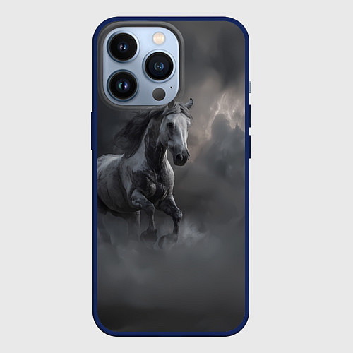 Чехол iPhone 13 Pro Белая лошадь в тумане / 3D-Тёмно-синий – фото 1
