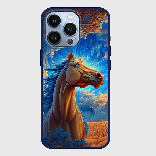Чехол iPhone 13 Pro Лошадь на фоне синего неба / 3D-Тёмно-синий – фото 1