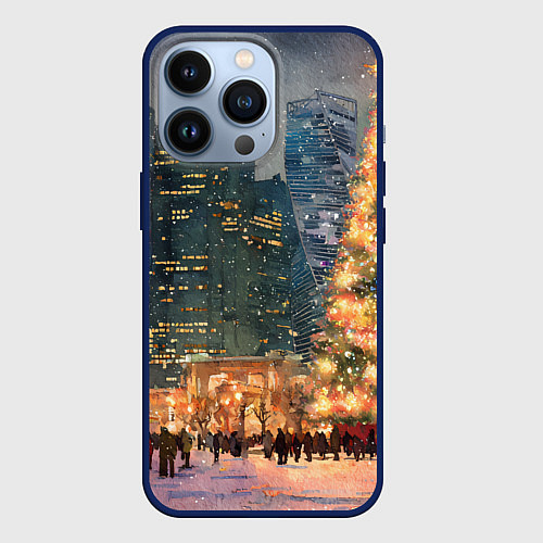 Чехол iPhone 13 Pro Москва - сити и новогодняя елка / 3D-Тёмно-синий – фото 1