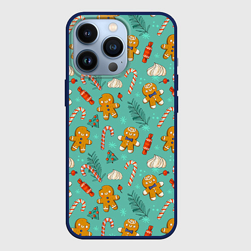 Чехол iPhone 13 Pro Новогодний паттерн печенье с конфетами / 3D-Тёмно-синий – фото 1