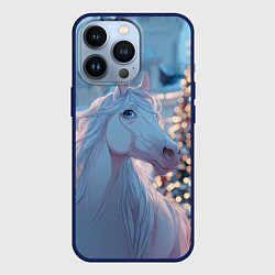 Чехол для iPhone 13 Pro Белая лошадка у новогодней елки, цвет: 3D-тёмно-синий
