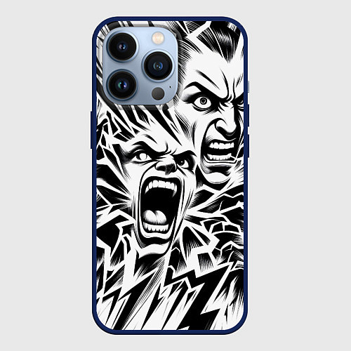 Чехол iPhone 13 Pro Свирепые лица и молнии - нейроарт / 3D-Тёмно-синий – фото 1