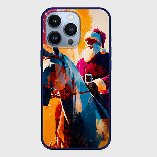 Чехол iPhone 13 Pro Дед Мороз на коне / 3D-Тёмно-синий – фото 1