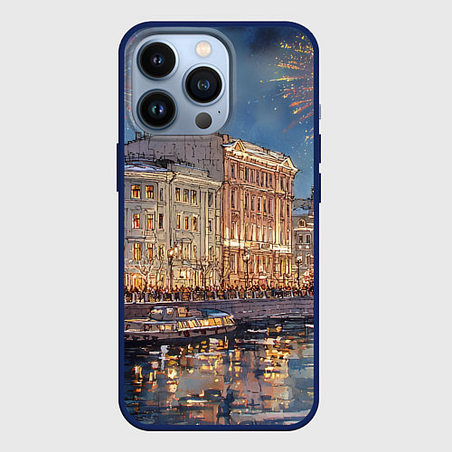 Чехол iPhone 13 Pro Новогодний салют в Питере / 3D-Тёмно-синий – фото 1