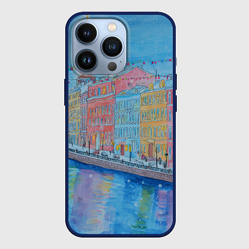 Чехол iPhone 13 Pro Новогодний рисованный Санкт-Петербург / 3D-Тёмно-синий – фото 1