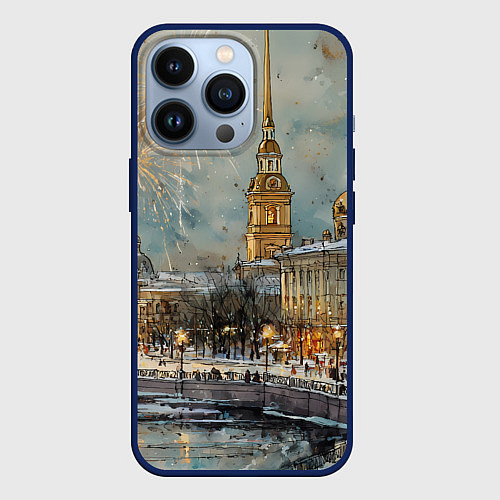 Чехол iPhone 13 Pro Новогодний салют в Питере / 3D-Тёмно-синий – фото 1