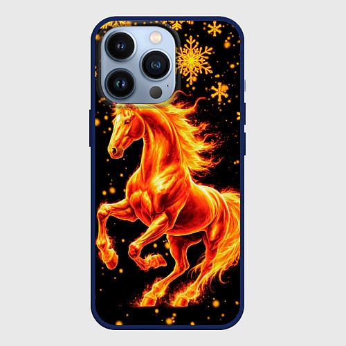 Чехол iPhone 13 Pro Пылающая лошадь / 3D-Тёмно-синий – фото 1