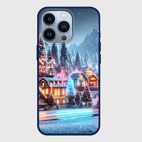 Чехол iPhone 13 Pro Городок в новогодних огоньках / 3D-Тёмно-синий – фото 1