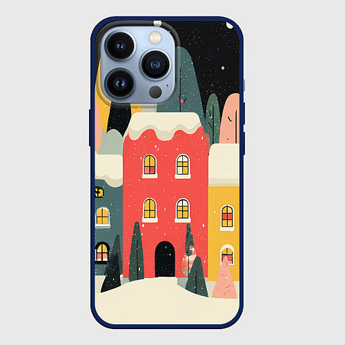 Чехол iPhone 13 Pro Разноцветные новогодние дома / 3D-Тёмно-синий – фото 1